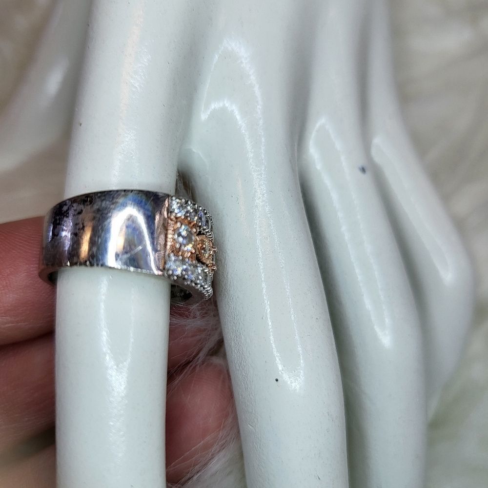 Silver Rose Gold Cubic Zirconia Band Ring Size 6 - Picture 4 of 6